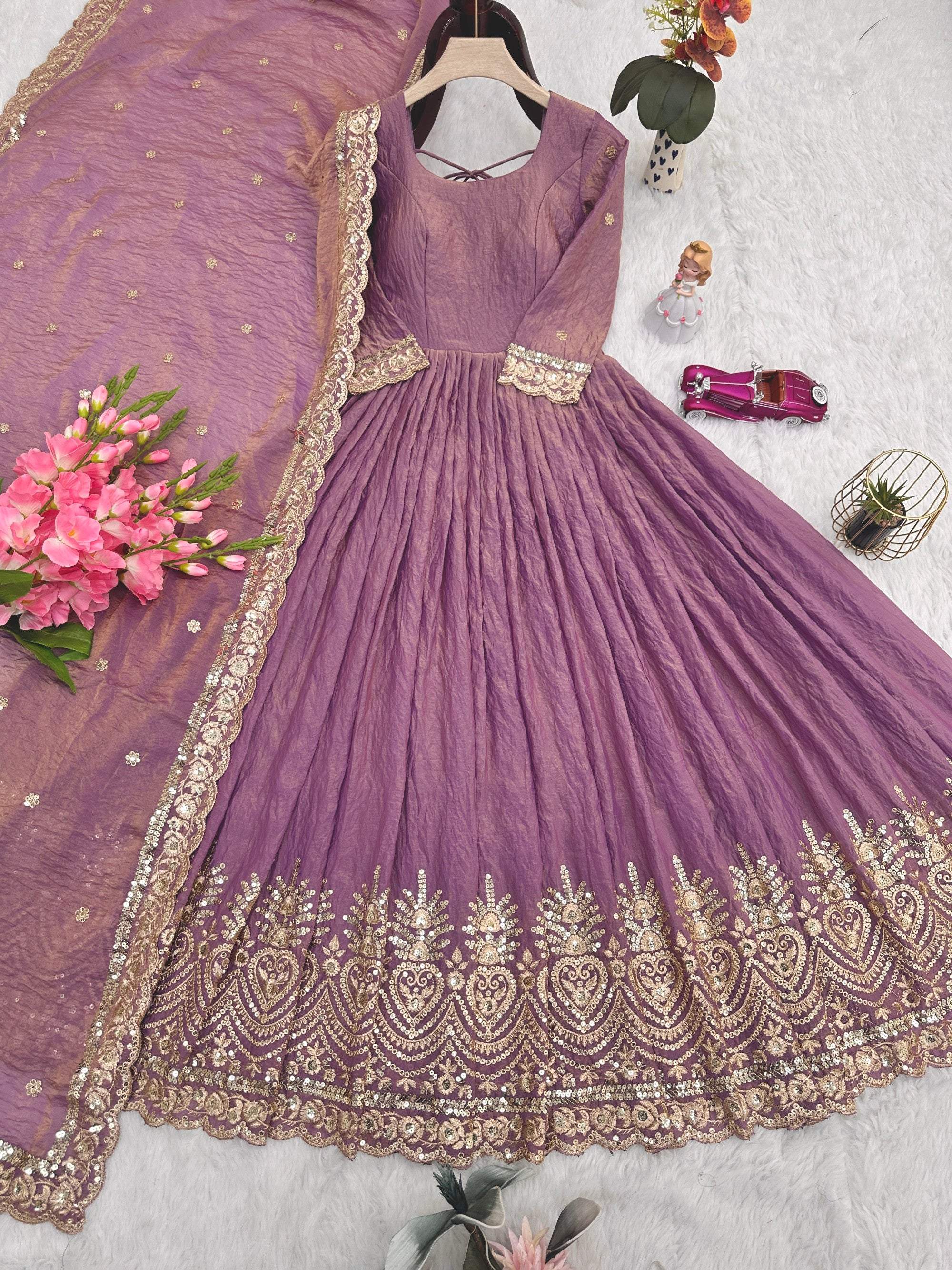Lorenvalley Fashion Lavender Fendy Satin Embroidery Sequins Work Anarkali Gown with Dupatta - Distacart