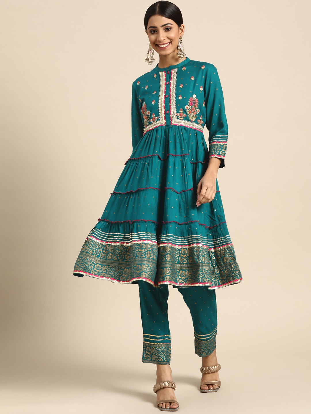 Sangria Women Teal Green & Golden Floral Embroidered Kurta with Trousers