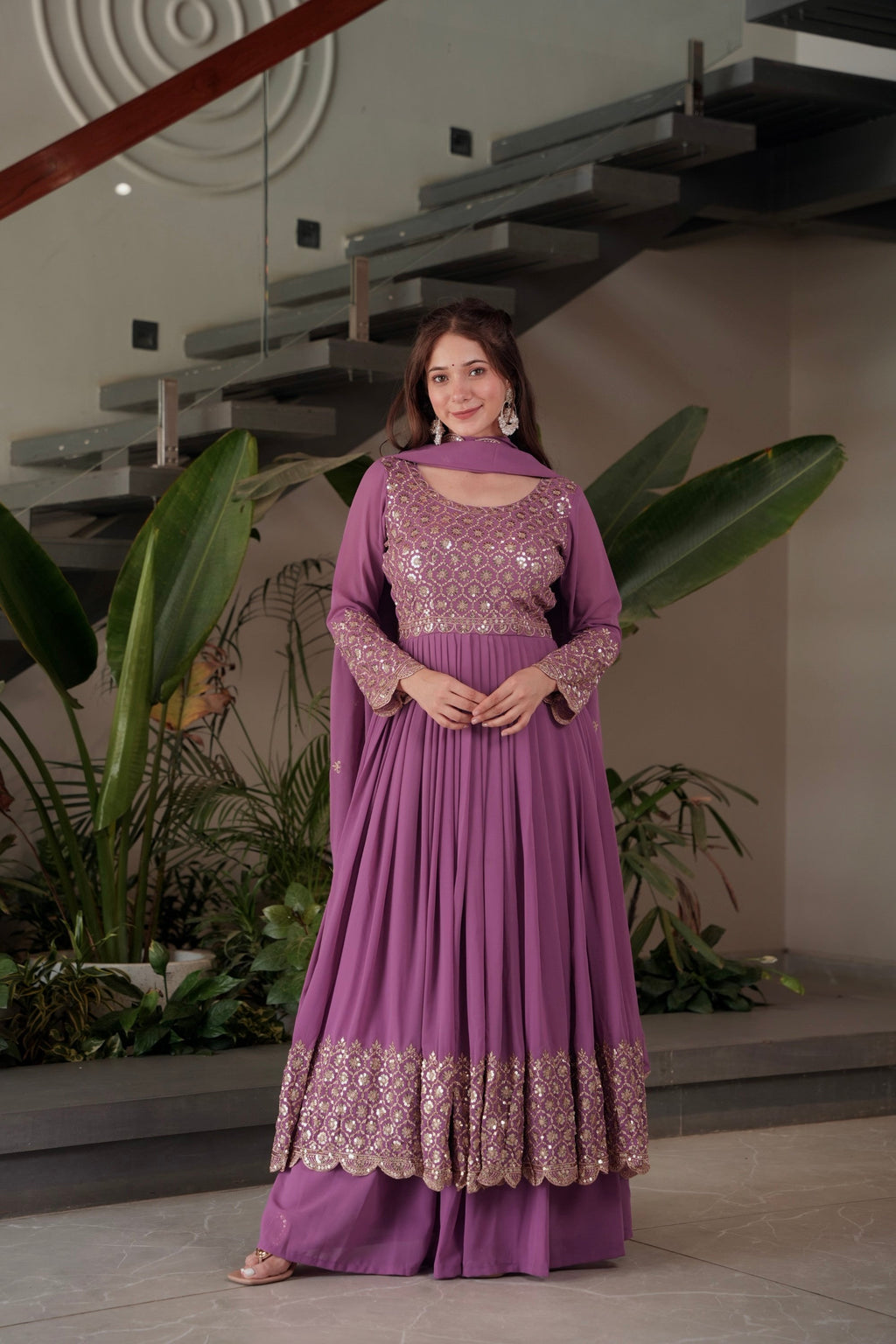 Lorenvalley Fashion Lavender Faux Georgette Embroidery & Sequins Work Anarkali Gown Sharara with Dupatta - Distacart