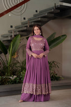 Lorenvalley Fashion Lavender Faux Georgette Embroidery & Sequins Work Anarkali Gown Sharara with Dupatta - Distacart