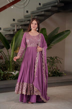 Lorenvalley Fashion Lavender Faux Georgette Embroidery & Sequins Work Anarkali Gown Sharara with Dupatta - Distacart