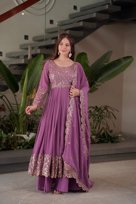 Lorenvalley Fashion Lavender Faux Georgette Embroidery & Sequins Work Anarkali Gown Sharara with Dupatta