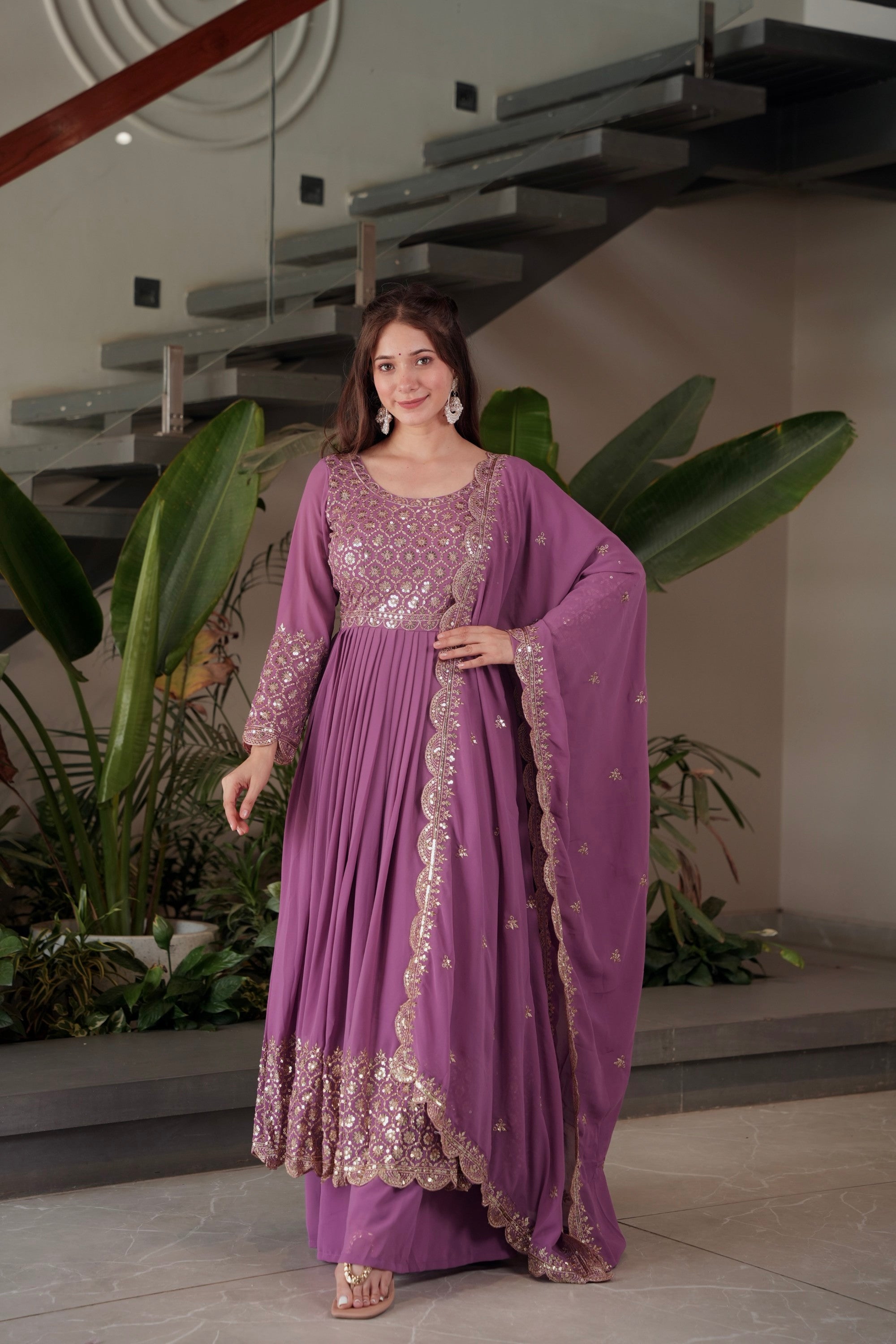 Lorenvalley Fashion Lavender Faux Georgette Embroidery & Sequins Work Anarkali Gown Sharara with Dupatta - Distacart