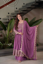 Lorenvalley Fashion Lavender Faux Georgette Embroidery & Sequins Work Anarkali Gown Sharara with Dupatta - Distacart