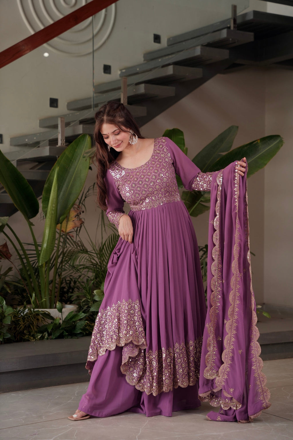 Lorenvalley Fashion Lavender Faux Georgette Embroidery & Sequins Work Anarkali Gown Sharara with Dupatta - Distacart