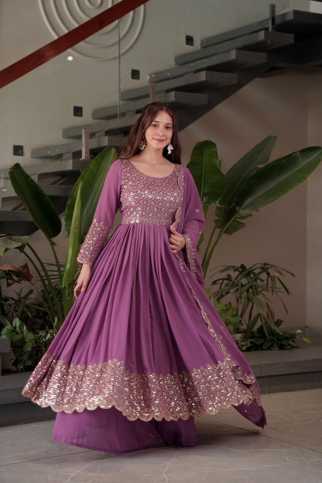 Lorenvalley Fashion Lavender Faux Georgette Embroidery & Sequins Work Anarkali Gown Sharara with Dupatta - Distacart