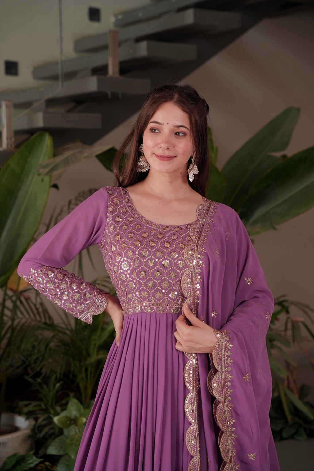 Lorenvalley Fashion Lavender Faux Georgette Embroidery & Sequins Work Anarkali Gown Sharara with Dupatta - Distacart