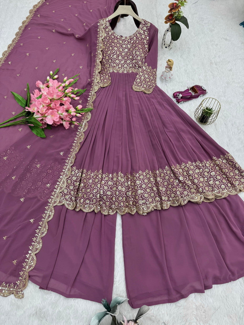 Lorenvalley Fashion Lavender Faux Georgette Embroidery & Sequins Work Anarkali Gown Sharara with Dupatta - Distacart