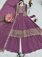 Lorenvalley Fashion Lavender Faux Georgette Embroidery & Sequins Work Anarkali Gown Sharara with Dupatta - Distacart