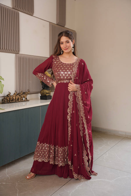 Lorenvalley Fashion Maroon Faux Georgette Embroidery & Sequins Work Anarkali Gown Sharara with Dupatta