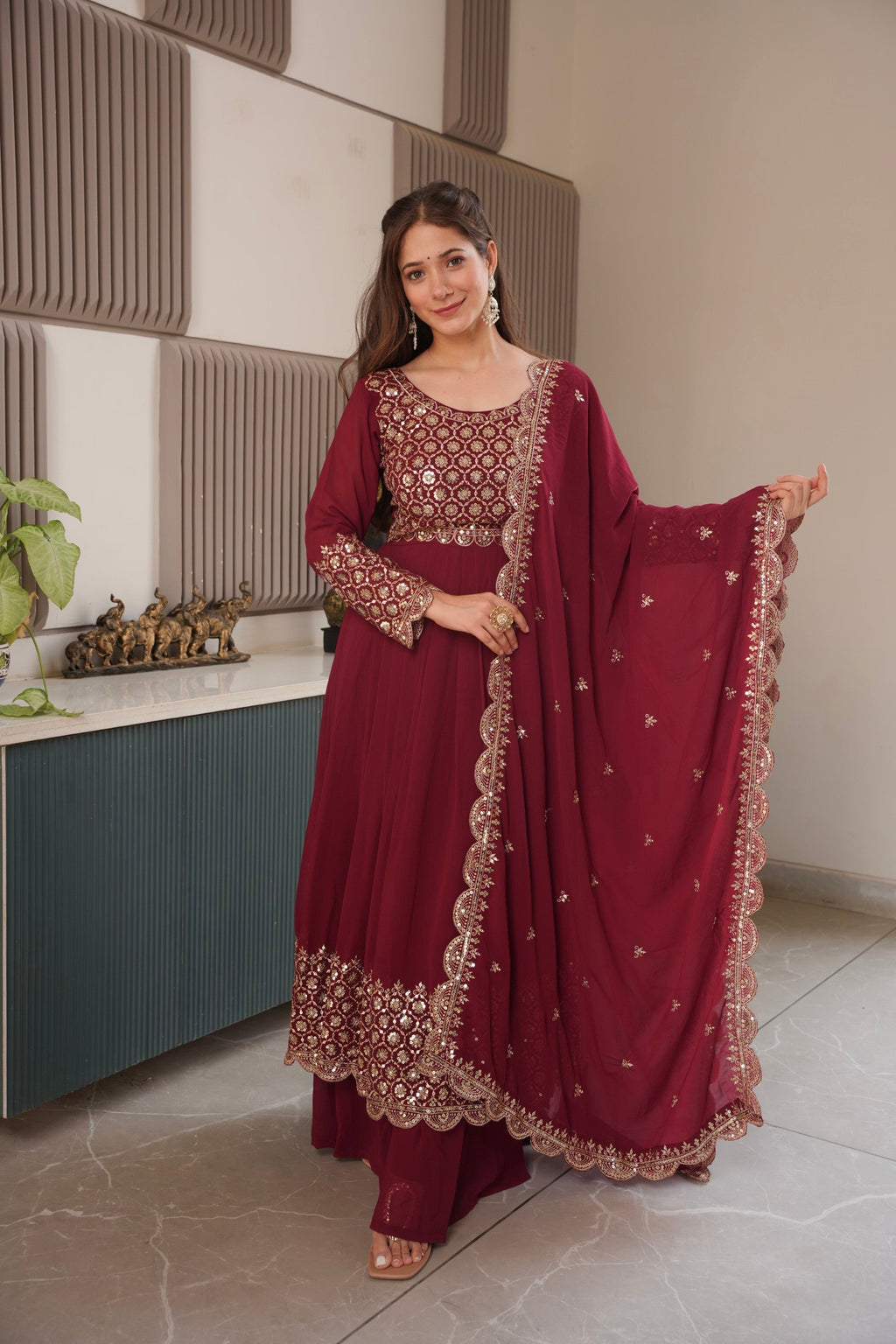 Lorenvalley Fashion Maroon Faux Georgette Embroidery & Sequins Work Anarkali Gown Sharara with Dupatta - Distacart