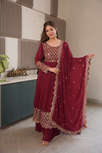 Lorenvalley Fashion Maroon Faux Georgette Embroidery & Sequins Work Anarkali Gown Sharara with Dupatta - Distacart