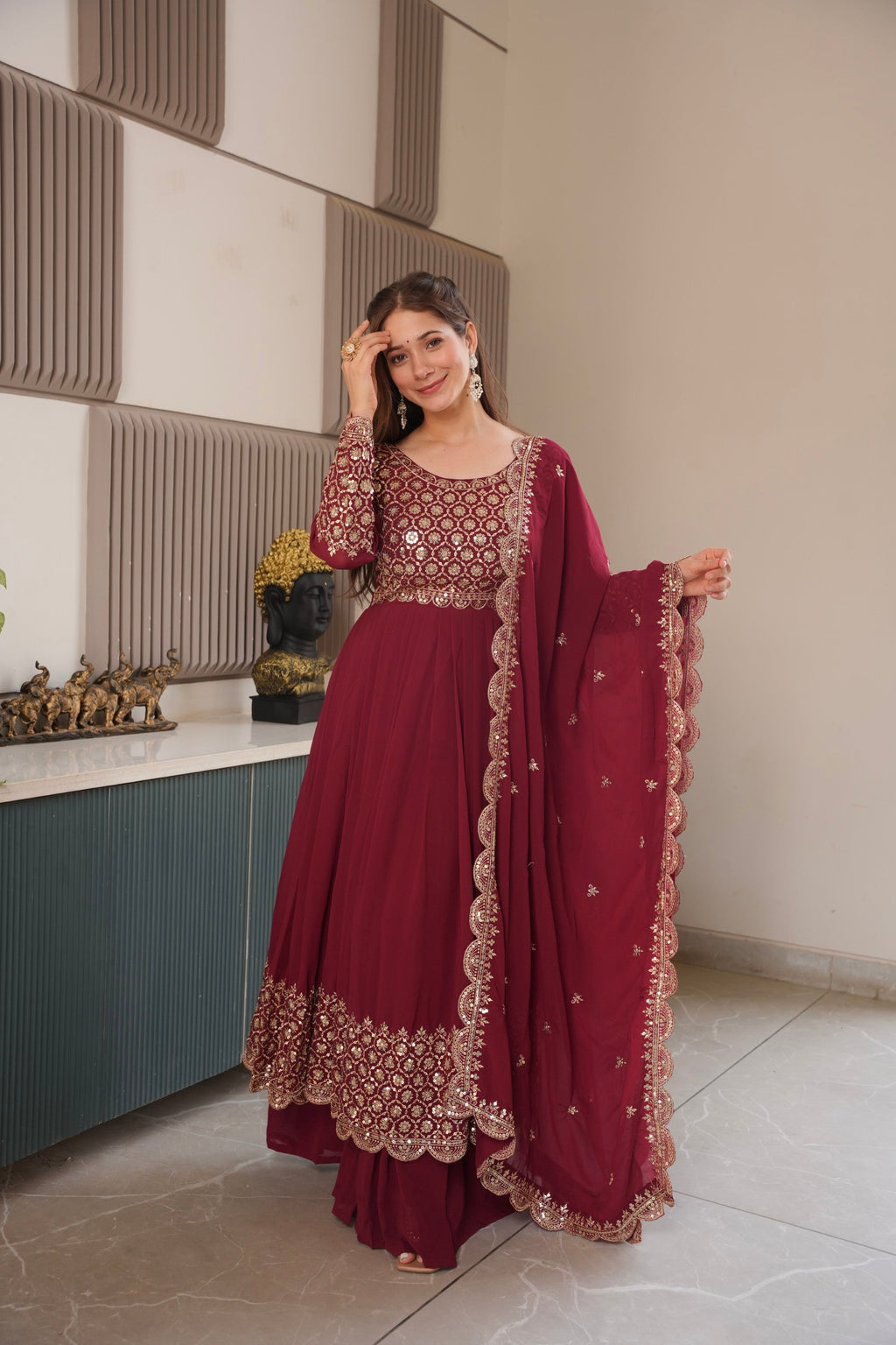 Lorenvalley Fashion Maroon Faux Georgette Embroidery & Sequins Work Anarkali Gown Sharara with Dupatta - Distacart