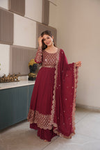 Lorenvalley Fashion Maroon Faux Georgette Embroidery & Sequins Work Anarkali Gown Sharara with Dupatta - Distacart