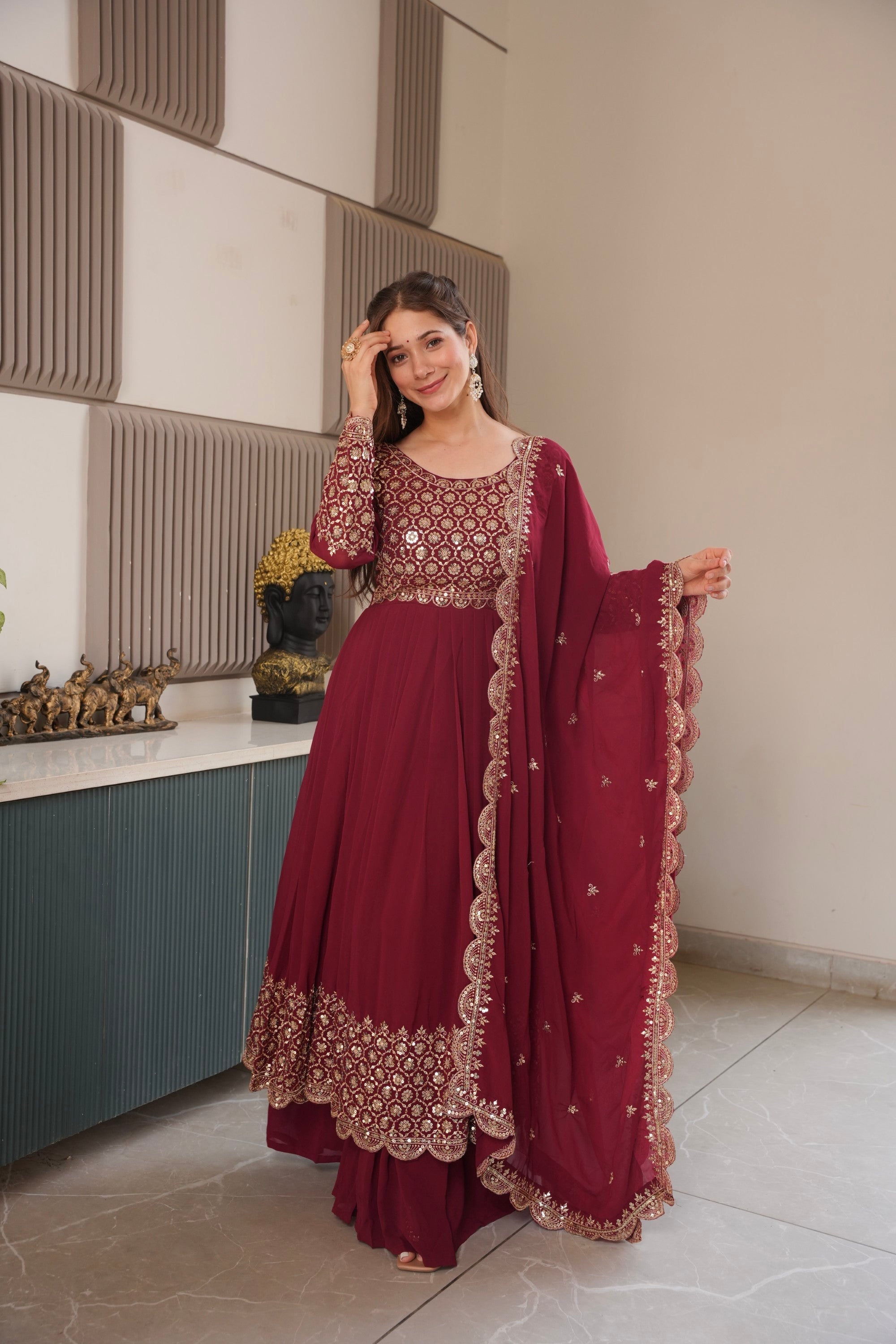Lorenvalley Fashion Maroon Faux Georgette Embroidery & Sequins Work Anarkali Gown Sharara with Dupatta - Distacart