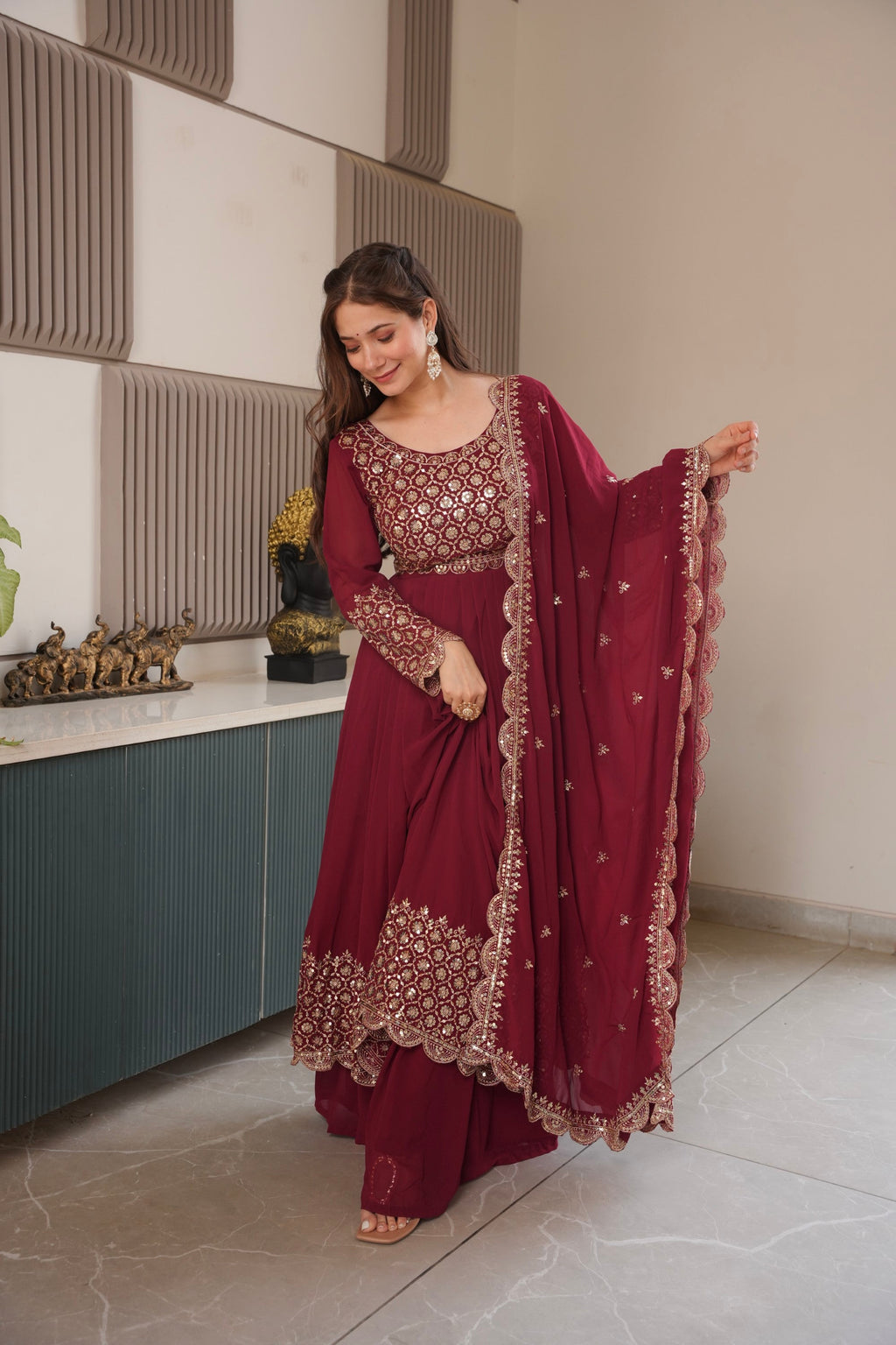 Lorenvalley Fashion Maroon Faux Georgette Embroidery & Sequins Work Anarkali Gown Sharara with Dupatta - Distacart