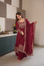 Lorenvalley Fashion Maroon Faux Georgette Embroidery & Sequins Work Anarkali Gown Sharara with Dupatta - Distacart