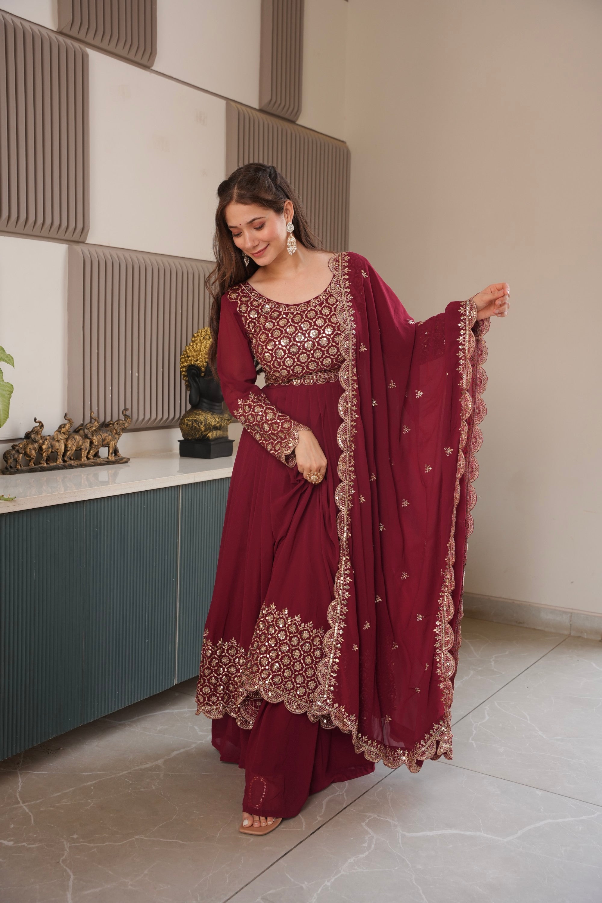 Lorenvalley Fashion Maroon Faux Georgette Embroidery & Sequins Work Anarkali Gown Sharara with Dupatta - Distacart