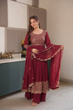 Lorenvalley Fashion Maroon Faux Georgette Embroidery & Sequins Work Anarkali Gown Sharara with Dupatta - Distacart