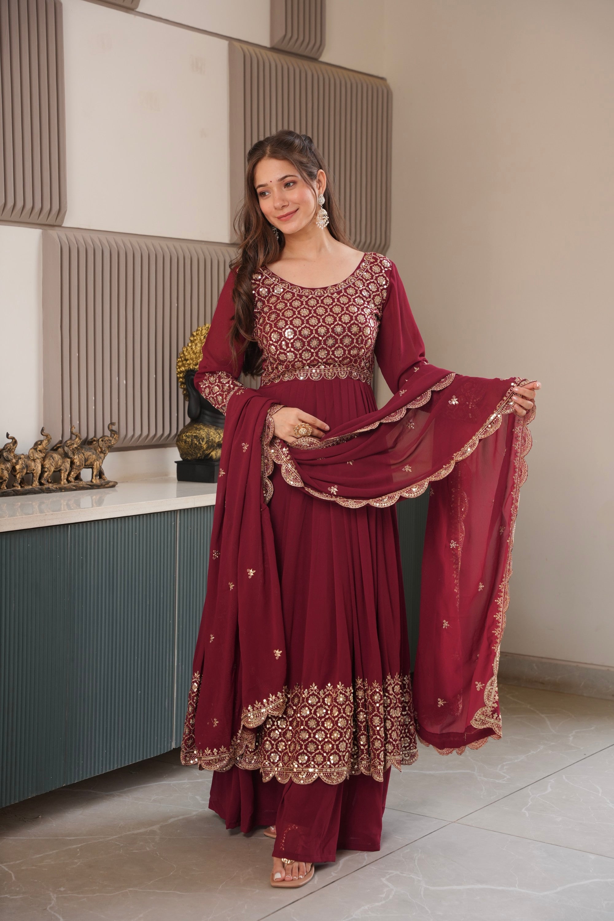 Lorenvalley Fashion Maroon Faux Georgette Embroidery & Sequins Work Anarkali Gown Sharara with Dupatta - Distacart