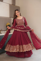 Lorenvalley Fashion Maroon Faux Georgette Embroidery & Sequins Work Anarkali Gown Sharara with Dupatta - Distacart