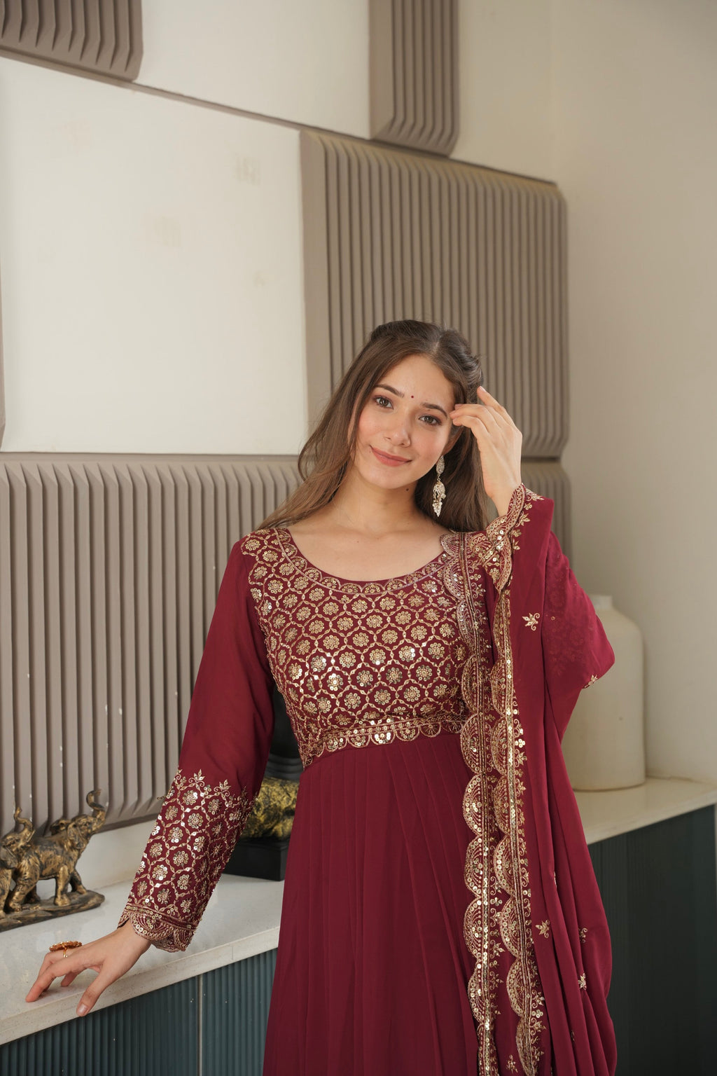 Lorenvalley Fashion Maroon Faux Georgette Embroidery & Sequins Work Anarkali Gown Sharara with Dupatta - Distacart