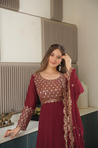 Lorenvalley Fashion Maroon Faux Georgette Embroidery & Sequins Work Anarkali Gown Sharara with Dupatta - Distacart