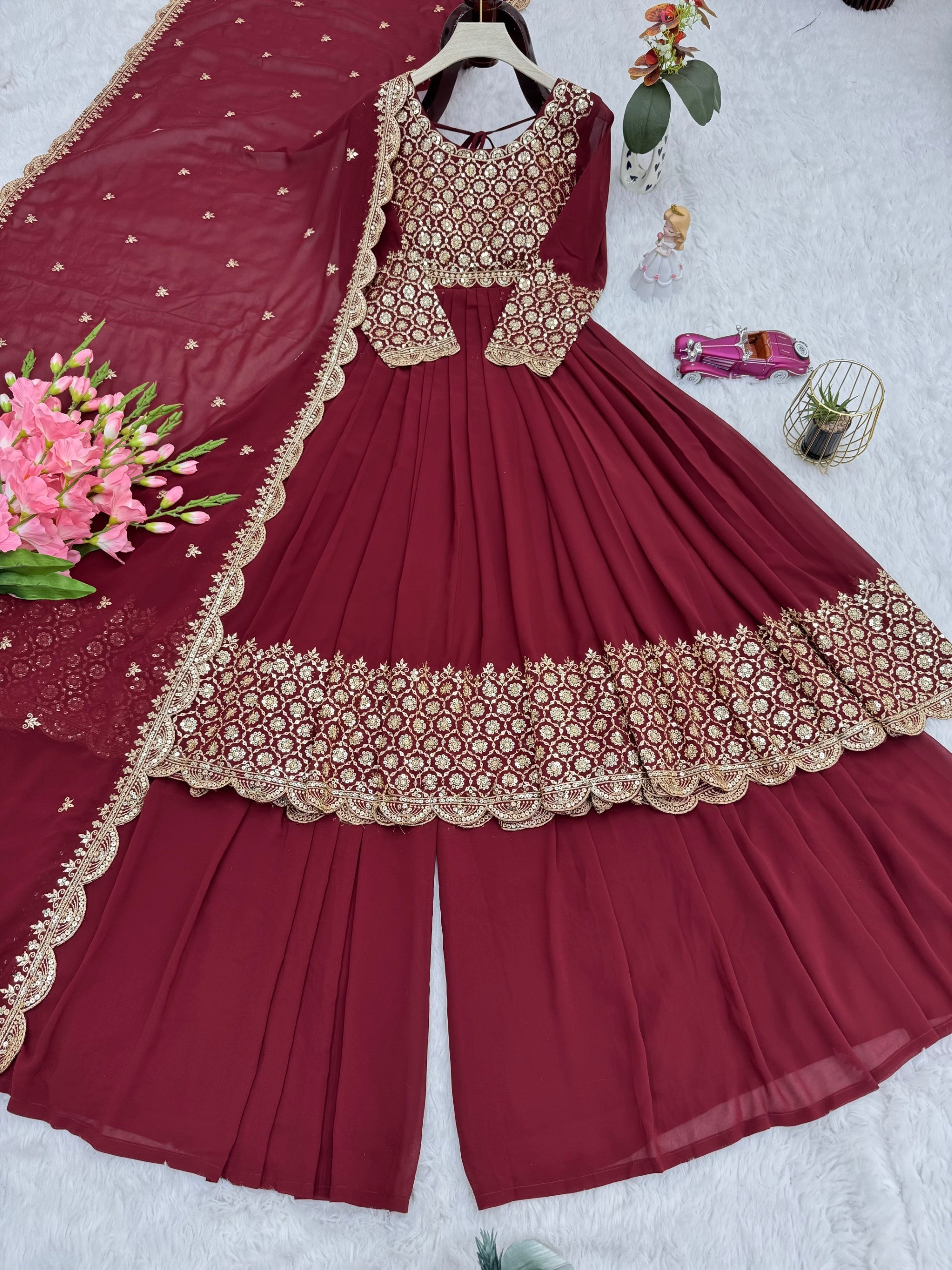 Lorenvalley Fashion Maroon Faux Georgette Embroidery & Sequins Work Anarkali Gown Sharara with Dupatta - Distacart