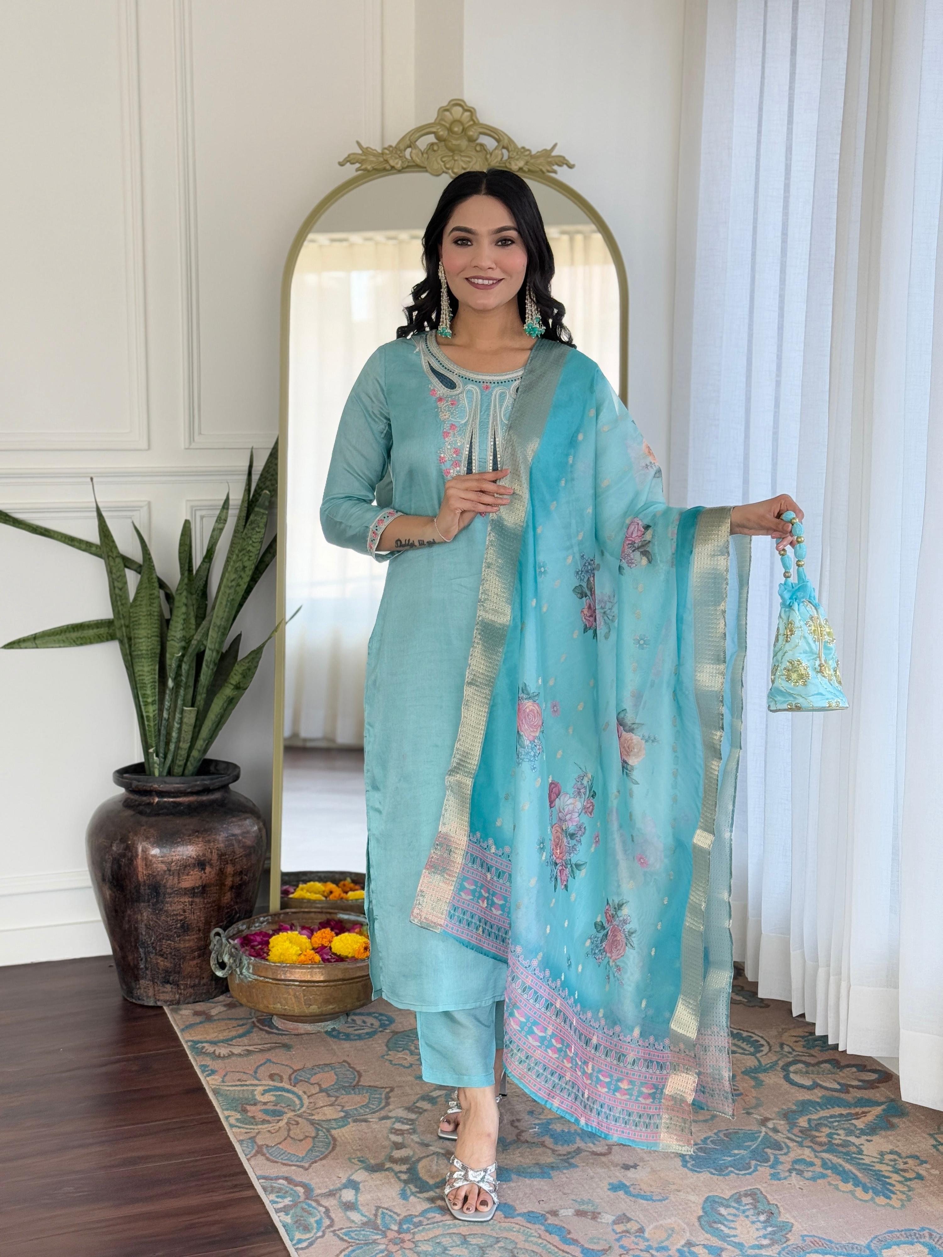 The52 Women's Viscose Embroidery work Straight Kurta with Pant and Dupatta Set - Distacart