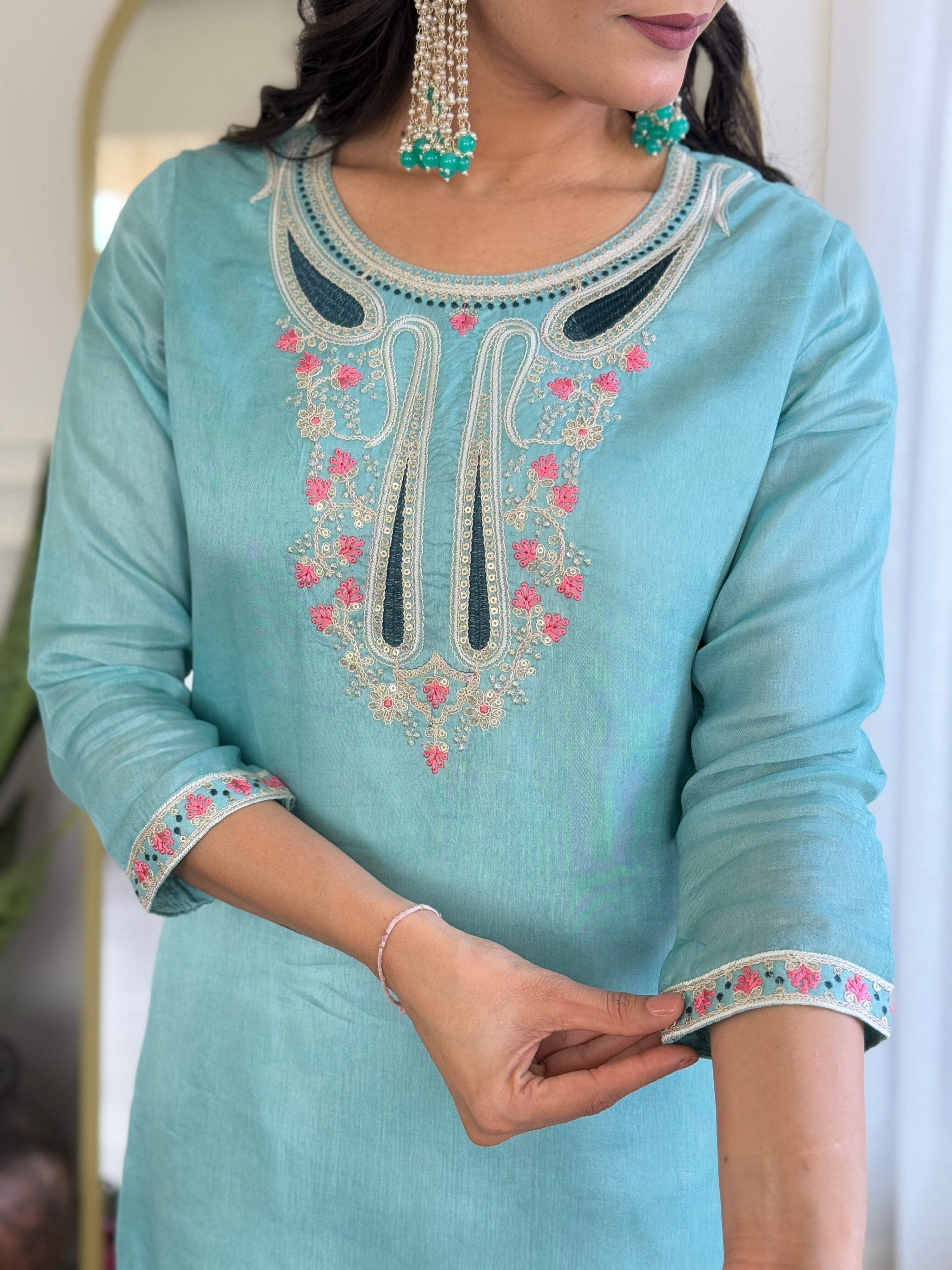 The52 Women's Viscose Embroidery work Straight Kurta with Pant and Dupatta Set - Distacart