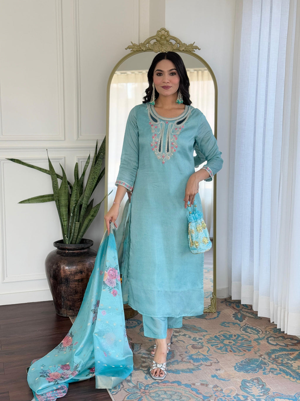 The52 Women's Viscose Embroidery work Straight Kurta with Pant and Dupatta Set - Distacart