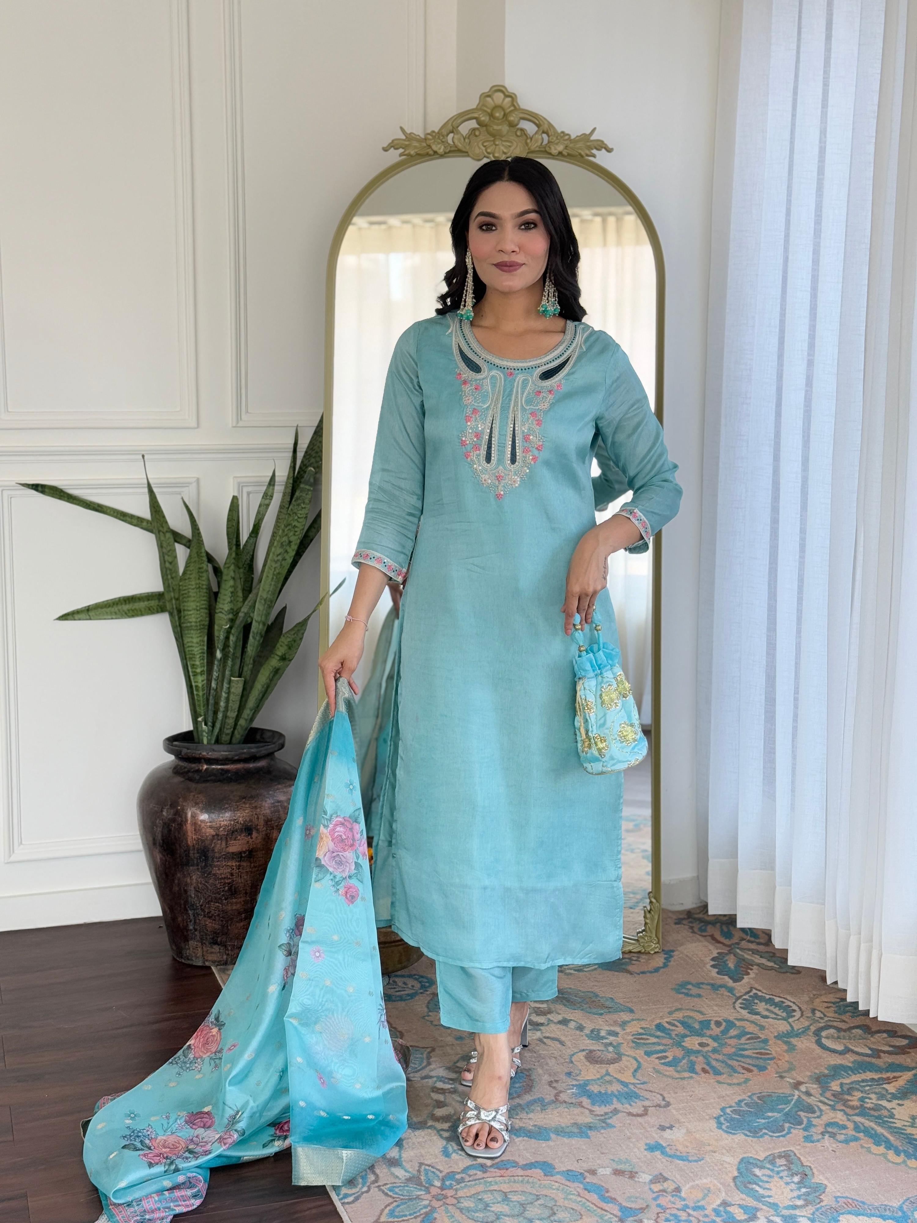 The52 Women's Viscose Embroidery work Straight Kurta with Pant and Dupatta Set - Distacart