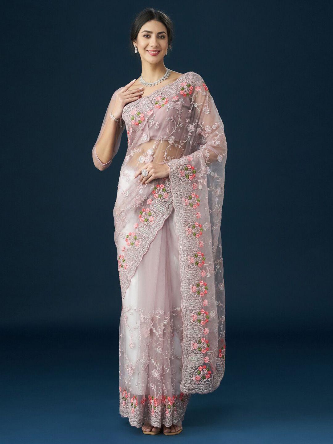 kasee Floral Embroidered Net Saree