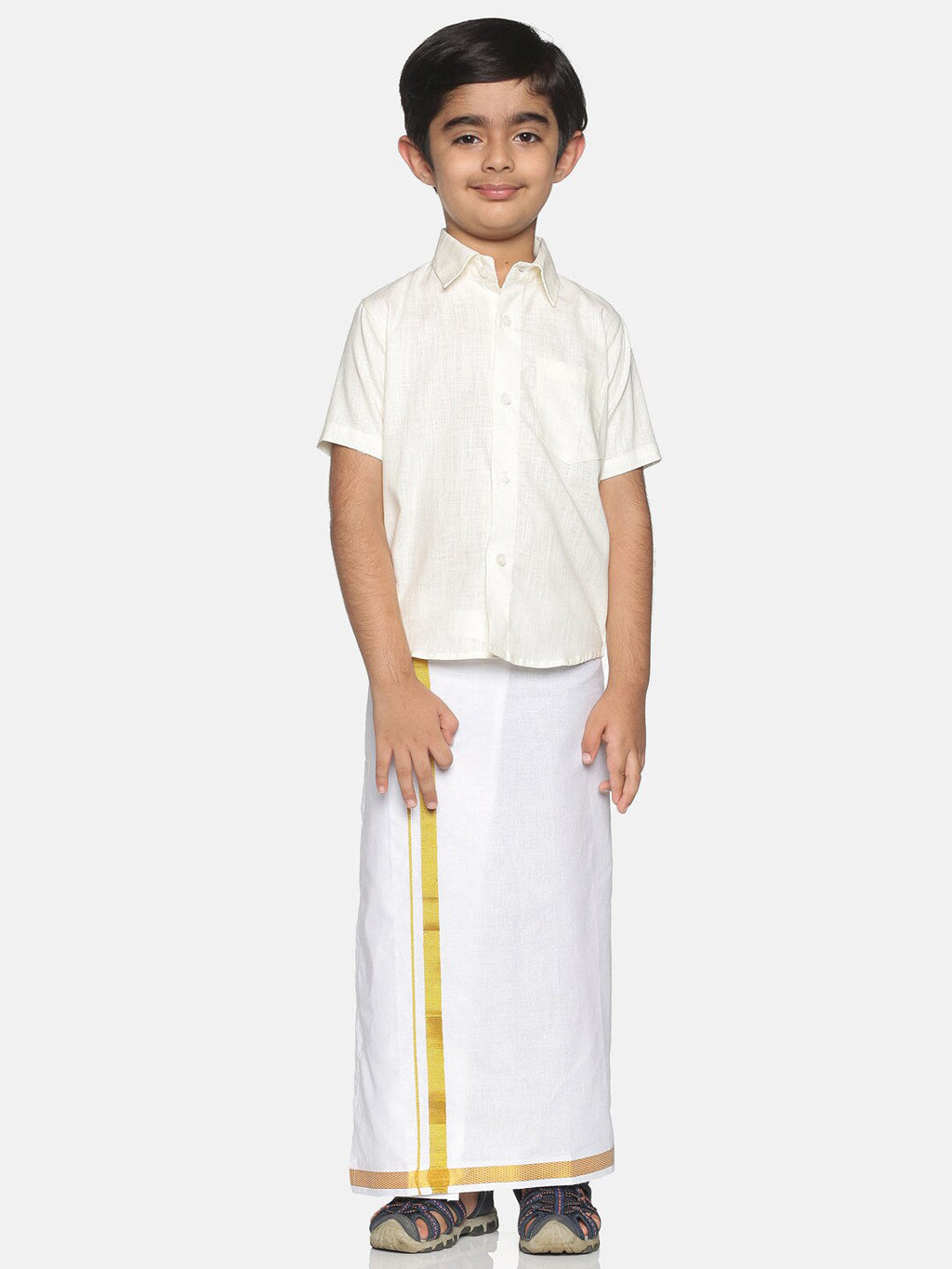 Sethukrishna Boys Cream-Coloured & White Solid Shirt and Veshti Set