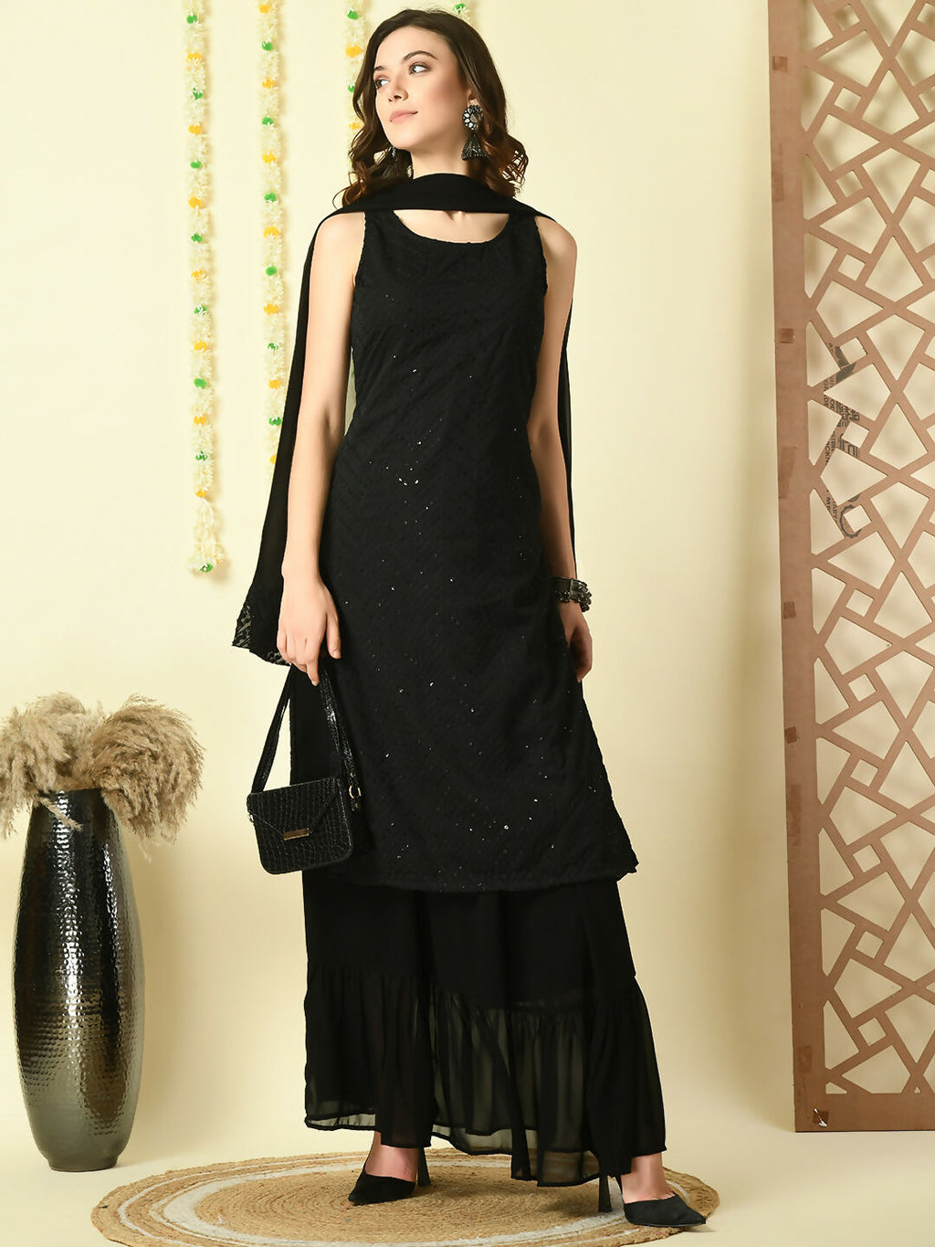 Myshka Women's Black Georgette Kurta & Skirt With Dupatta Party Sets