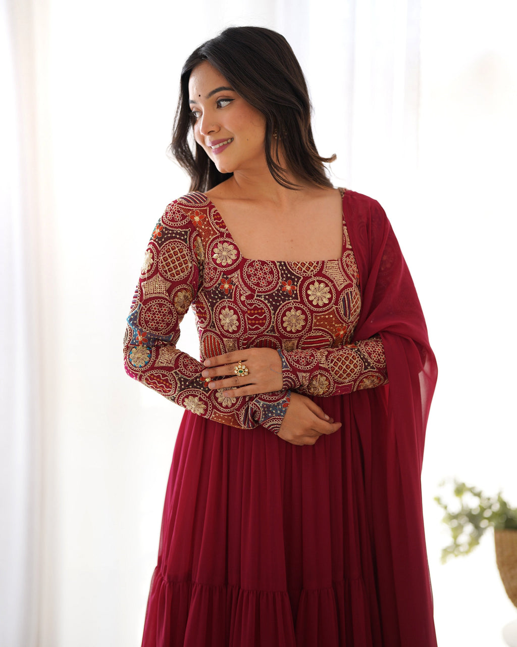 Evanik Women Maroon Festive Wear Embroidered Anarkali Kurta with Dupatta - Distacart
