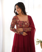 Evanik Women Maroon Festive Wear Embroidered Anarkali Kurta with Dupatta - Distacart