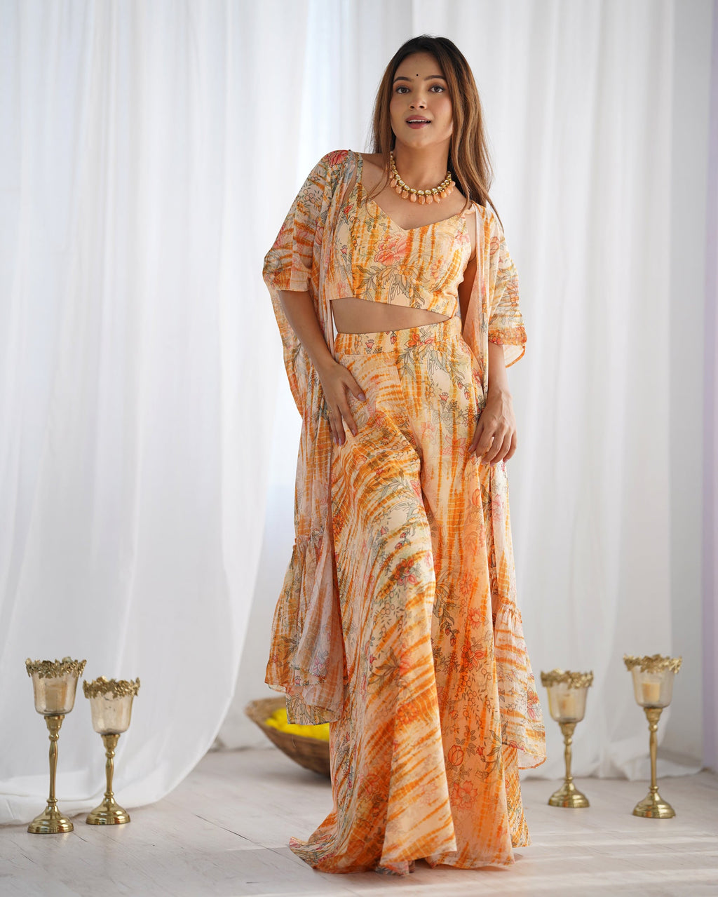 Lorenvalley Fashion Faux Georgette Floral Printed Shrug Blouse With Palazzo Set - Distacart