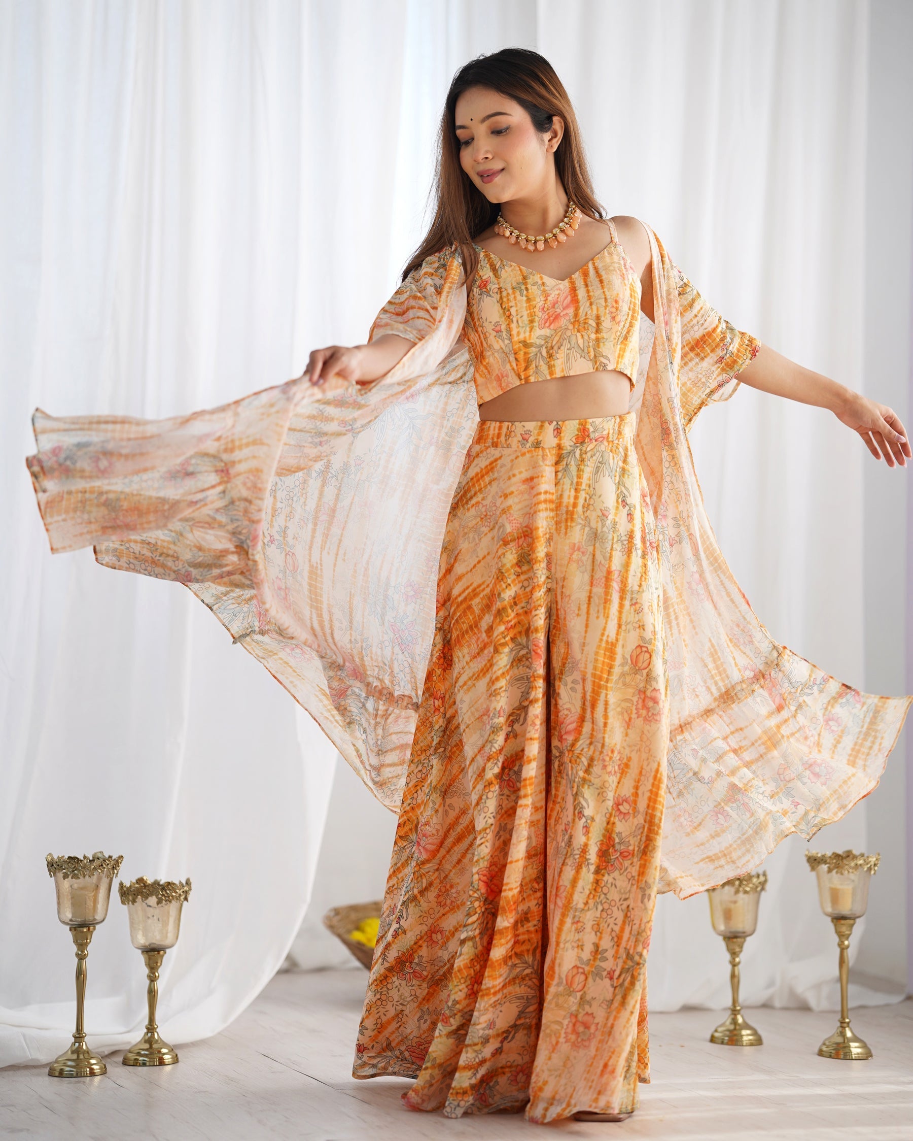 Lorenvalley Fashion Faux Georgette Floral Printed Shrug Blouse With Palazzo Set - Distacart