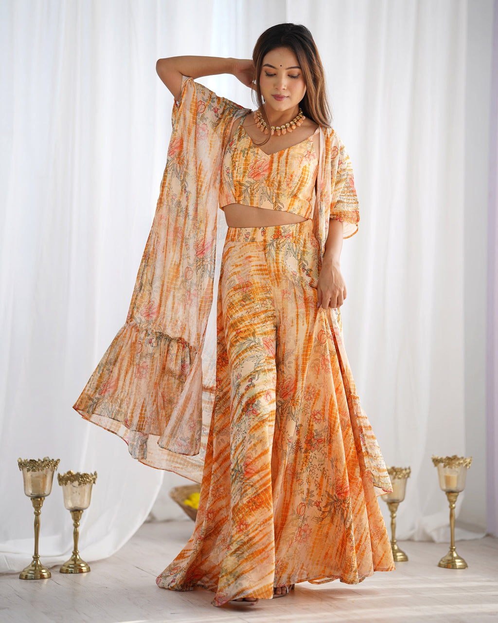 Lorenvalley Fashion Faux Georgette Floral Printed Shrug Blouse With Palazzo Set - Distacart