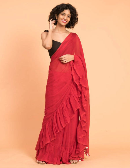Suta Red Pure Cotton Solid Ruffle Saree