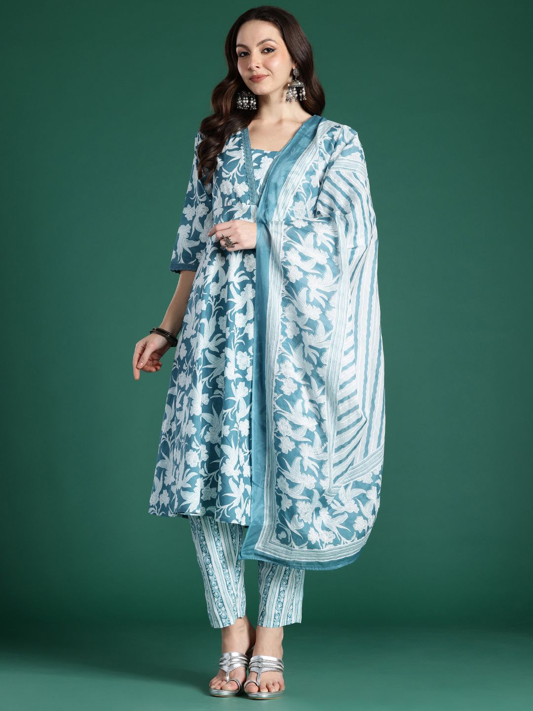 Indo Era Floral Printed Pure Cotton Kurta with Trousers & With Dupatta - Distacart