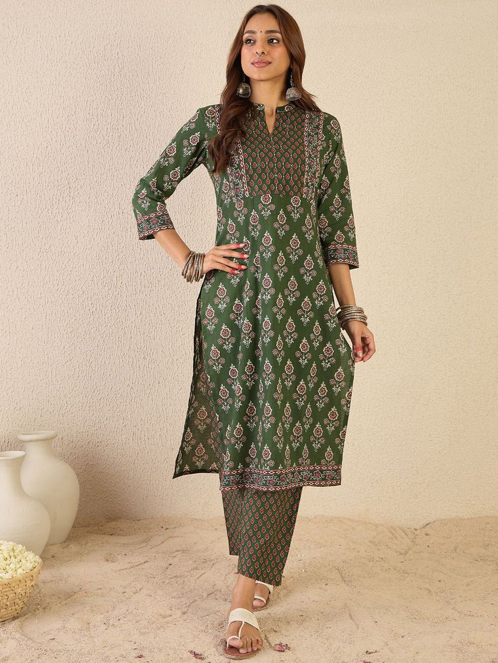 Indo Era Women Floral Printed Regular Sequinned Detail Pure Cotton Kurta with Trousers - Distacart