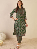 Indo Era Women Floral Printed Regular Sequinned Detail Pure Cotton Kurta with Trousers - Distacart