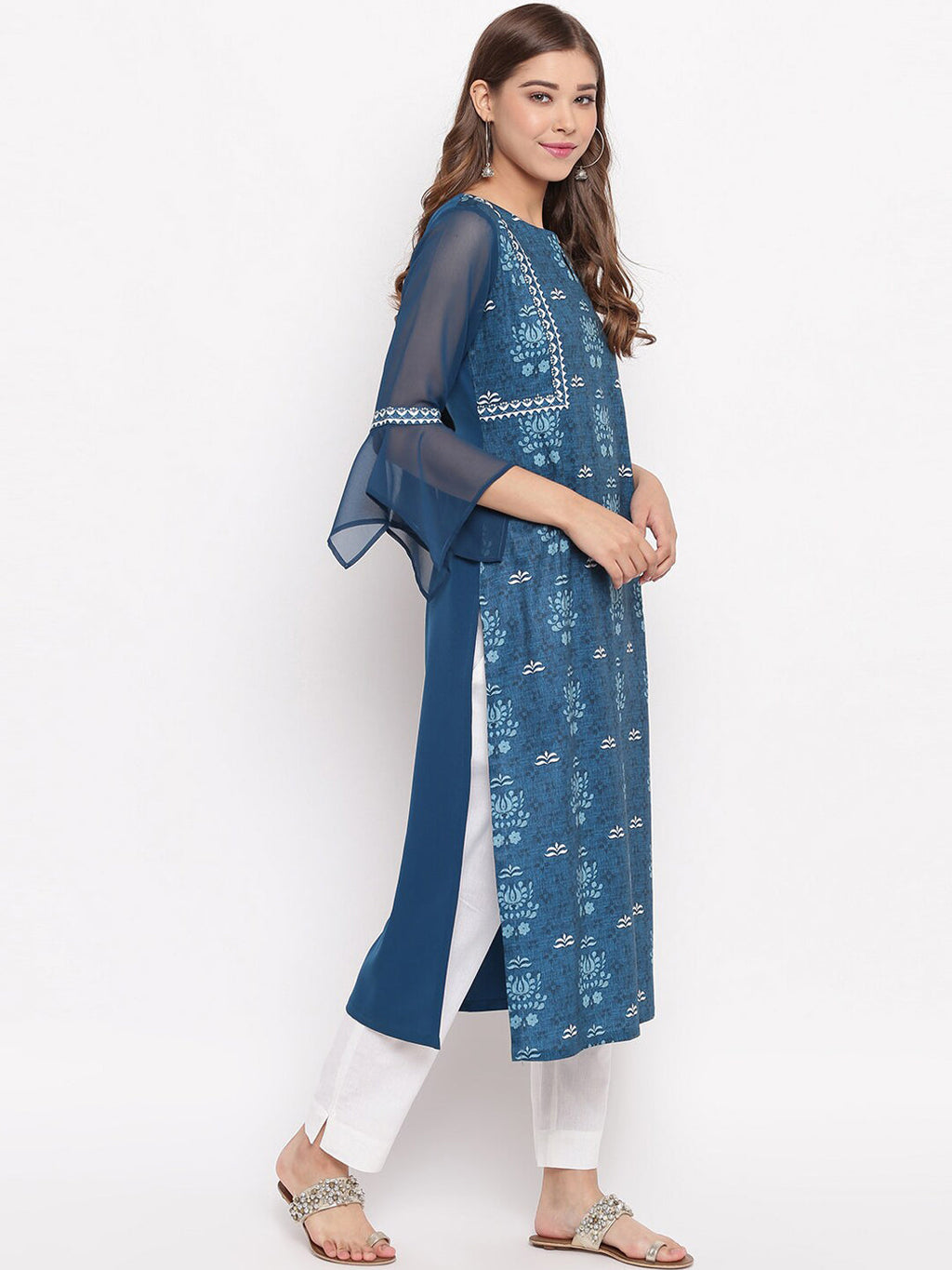 Janasya Blue Floral Printed Straight Kurta - Distacart