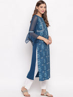 Janasya Blue Floral Printed Straight Kurta - Distacart
