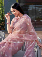 Tikhi Imli Pink Floral Embroidered Mirror Work Organza Saree - Distacart