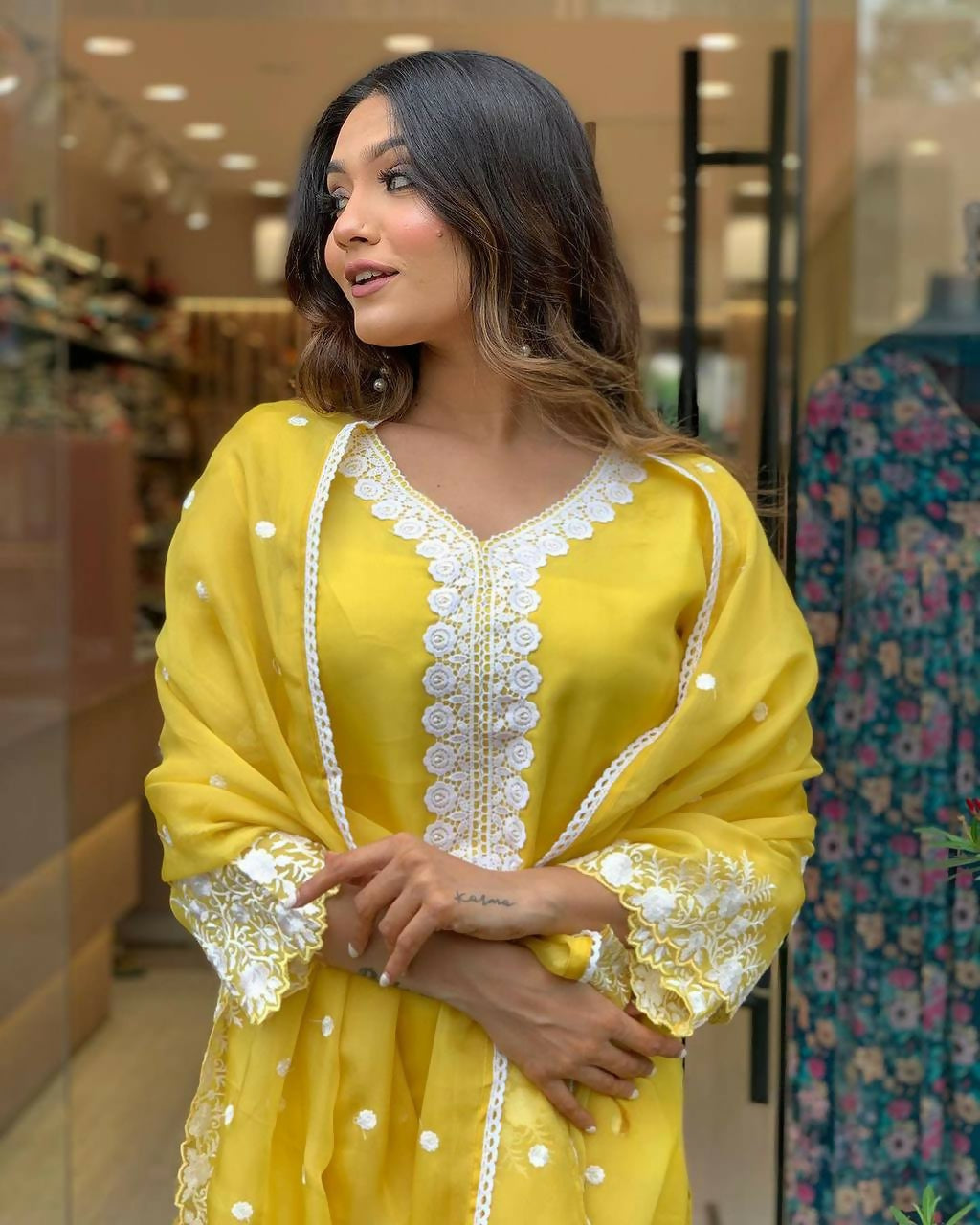 The52 Yellow Women's Gorgeous Embroidered Georgette Fabric Straight Kurta Pant with Dupatta Set - Distacart