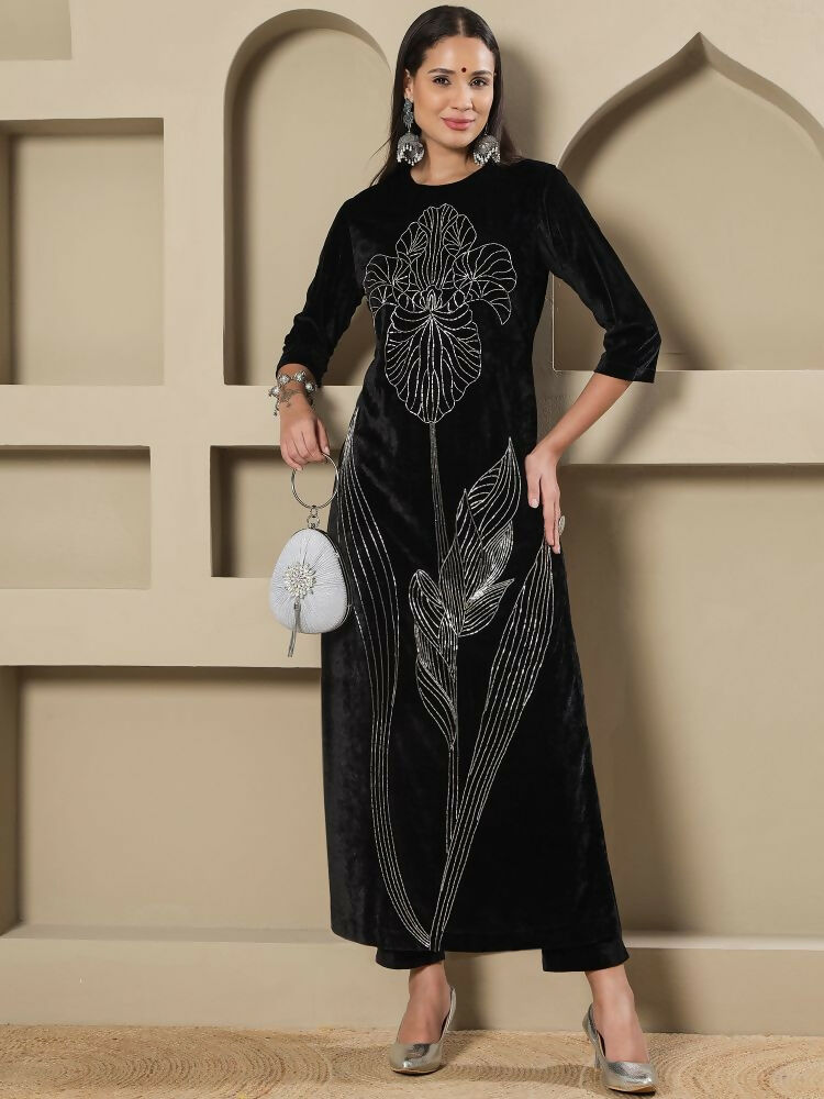 Joban Fashion Women Black Velvet Hand Embellishment Stitched Kurta Set - Distacart