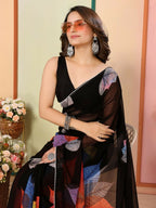 Black Georgette Designer Printed Ready To Wear Saree - Elite